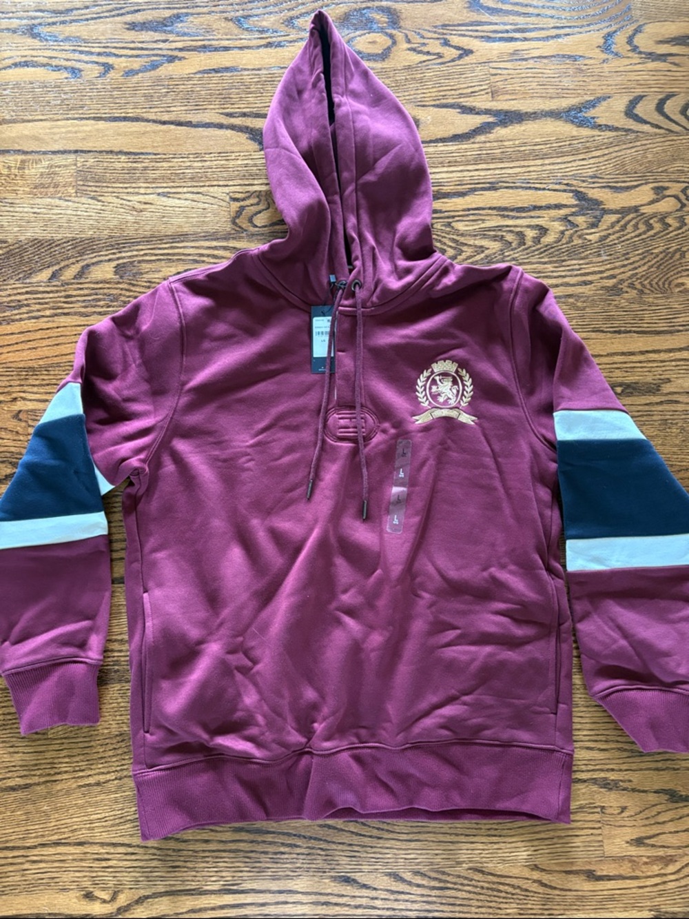 Tommy Hilfiger Burgundy Hoodie with Crest and Contrast Sleeve Stripes
